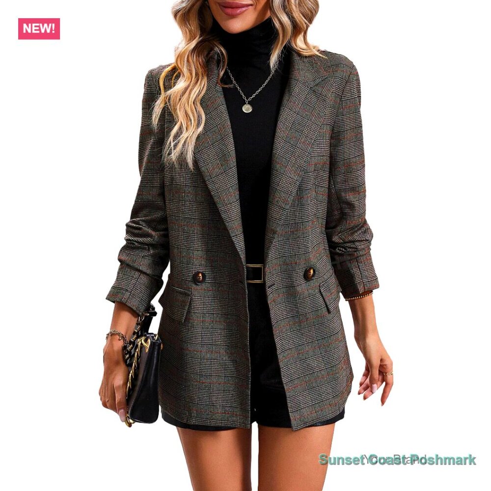 Polyester Blend Plaid Houndstooth Blazer Fully Lined Button Lapel